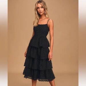 Lulus - Flirting with You Black Tiered Pom Pom Midi Dress